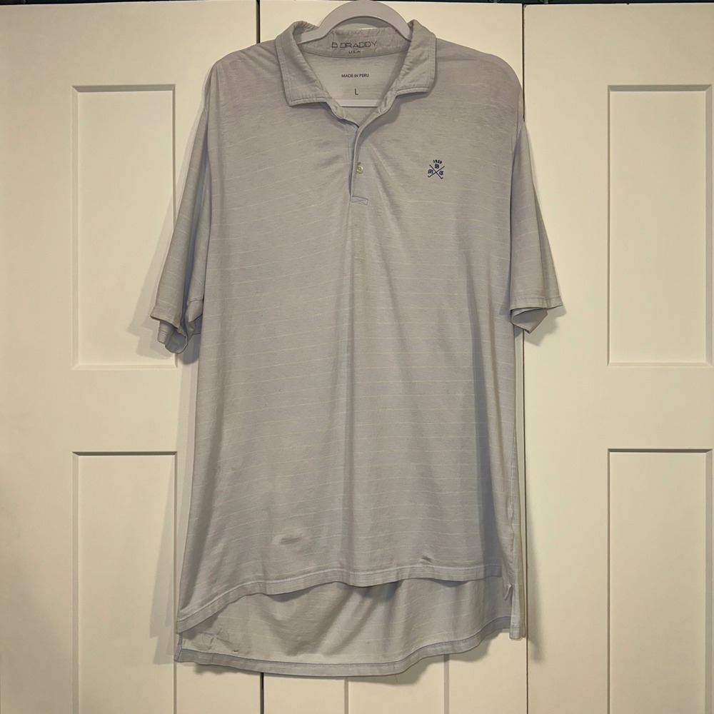 B. Draddy Golf Polo Shirt Striped organic cotton Blue‎ white L see photos